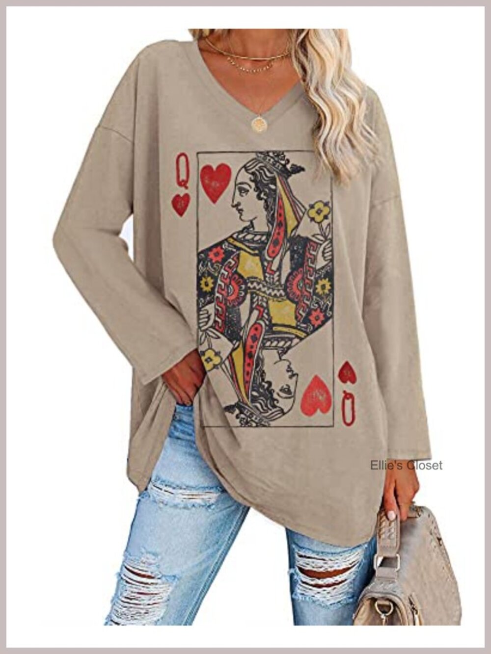 Oversized Queen of Hearts Tunic Tee V-Neck Long Sleeve Casual Loose Fit Women's